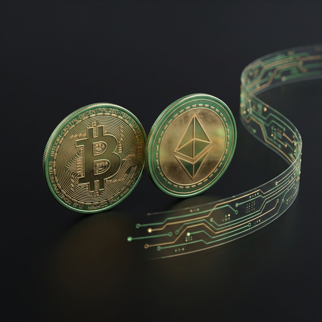 Photorealistic Bitcoin and Ethereum tokens beside a rolling layer two schematic on dark background with Finance Police palette, best cryptocurrency to buy today