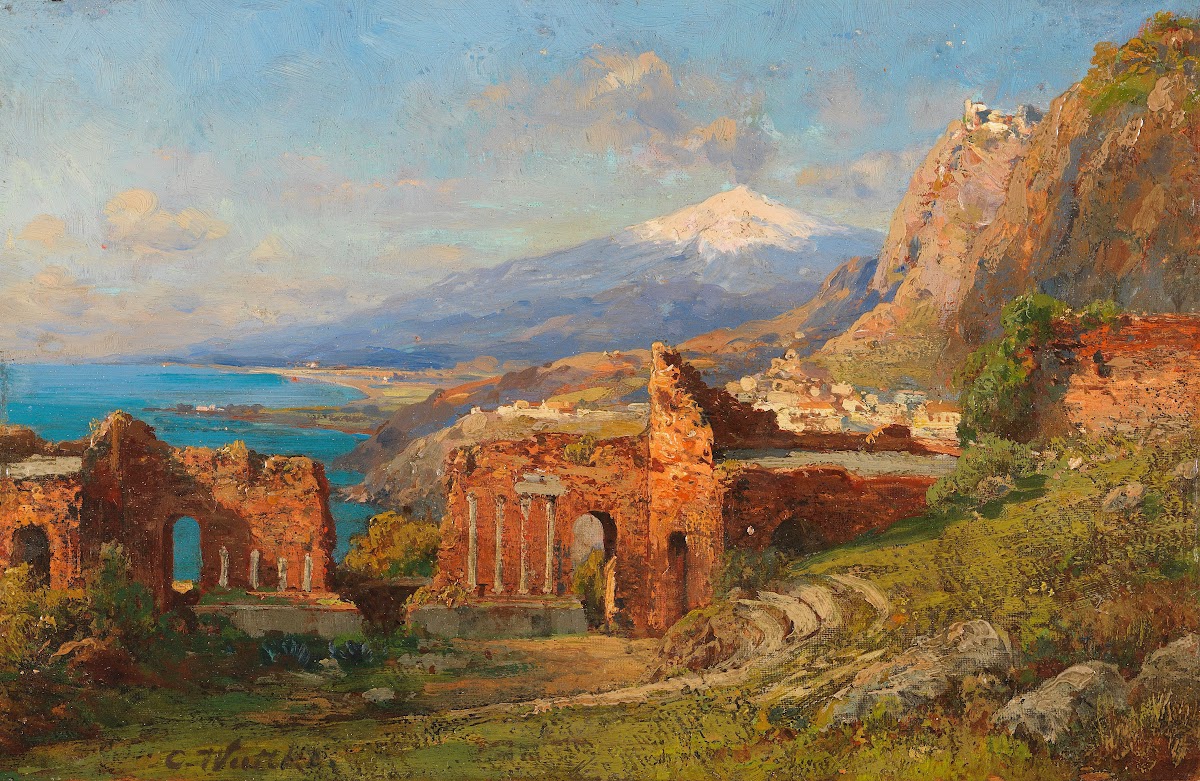 Blick vom antiken Theater in Taormina auf den Ätna Ca 1880