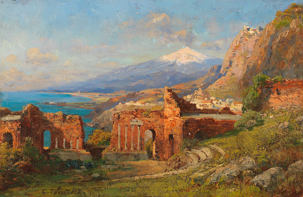 Blick vom antiken Theater in Taormina auf den Ätna Ca 1880