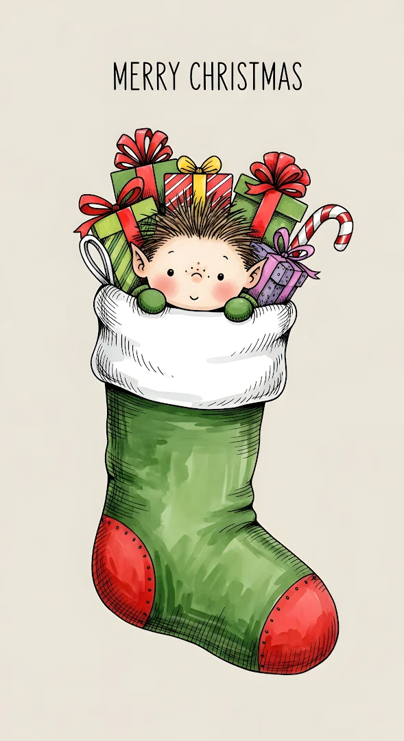 Cute Elf Peeking from Christmas Stocking Art