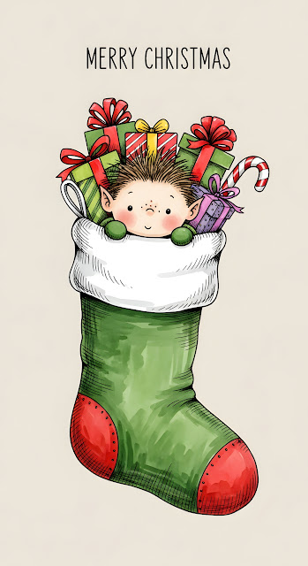 Cute Elf Peeking from Christmas Stocking Art - Free mobile Wallpaper