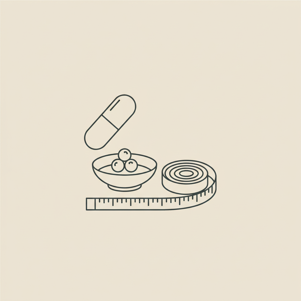 Which probiotic helps with weight loss? Minimalist Tonum-style 2D vector line illustration of a capsule, small bowl of berries and a measuring tape on beige #F2E5D5 background.