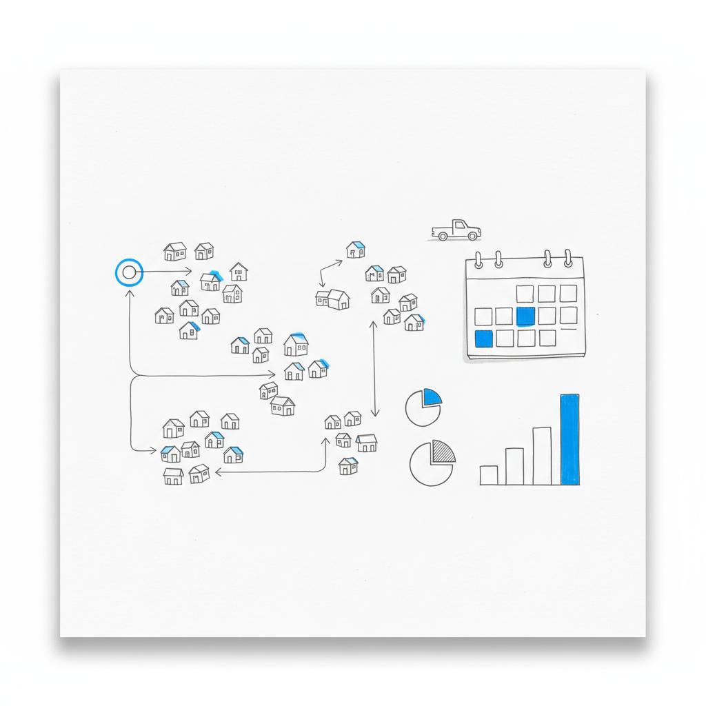 Notebook-style top-down sketch of local lawn care route map with clustered houses, calendar peak-season highlights, and bar chart &mdash; What percentage of lawn care businesses fail
