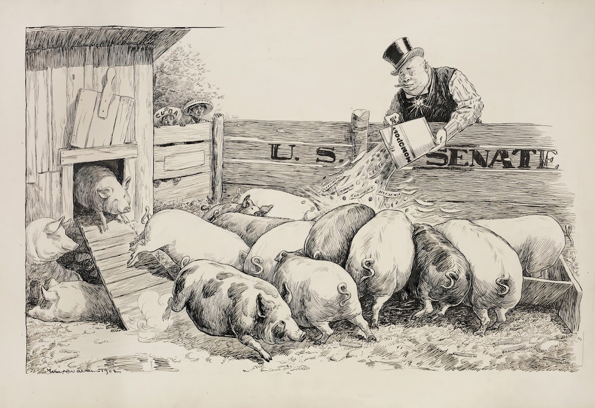 A rich man feeds his pigs the US Senate with money from a bucket representing mo