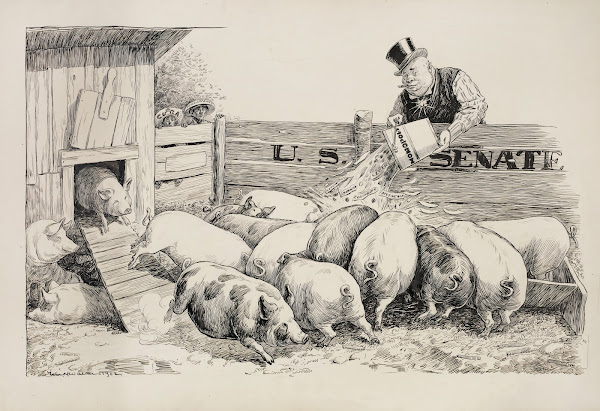 A rich man feeds his pigs the US Senate with money from a bucket representing mo