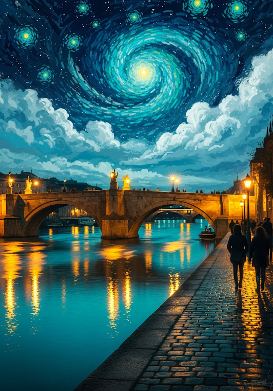 Midnight River Bridge Starry Sky