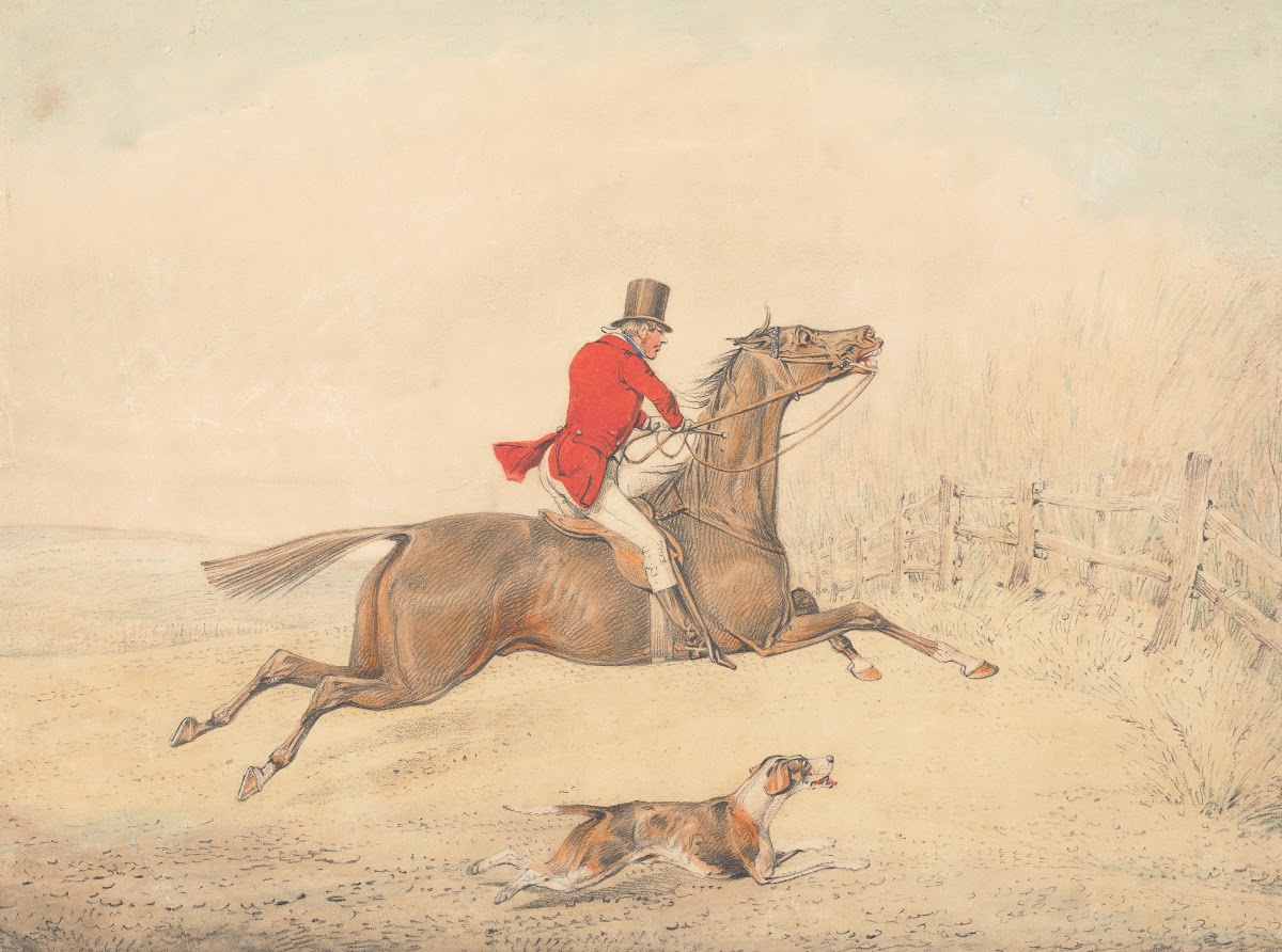 Rider on a Brown Horse About to Jump a Rail Fence to the Right