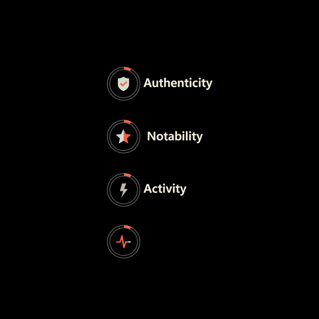 Minimal vertical infographic of three stacked badges labeled Authenticity, Notability, Activity representing TikTok verification, black background with brand colors