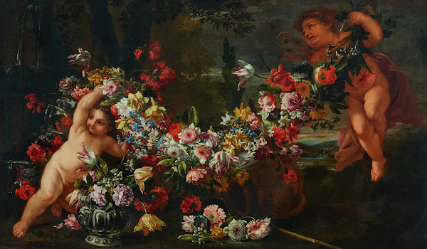 Garlands of flowers with putti in a landscape