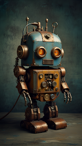 Vintage Steampunk Robot with Glowing Orange Eyes