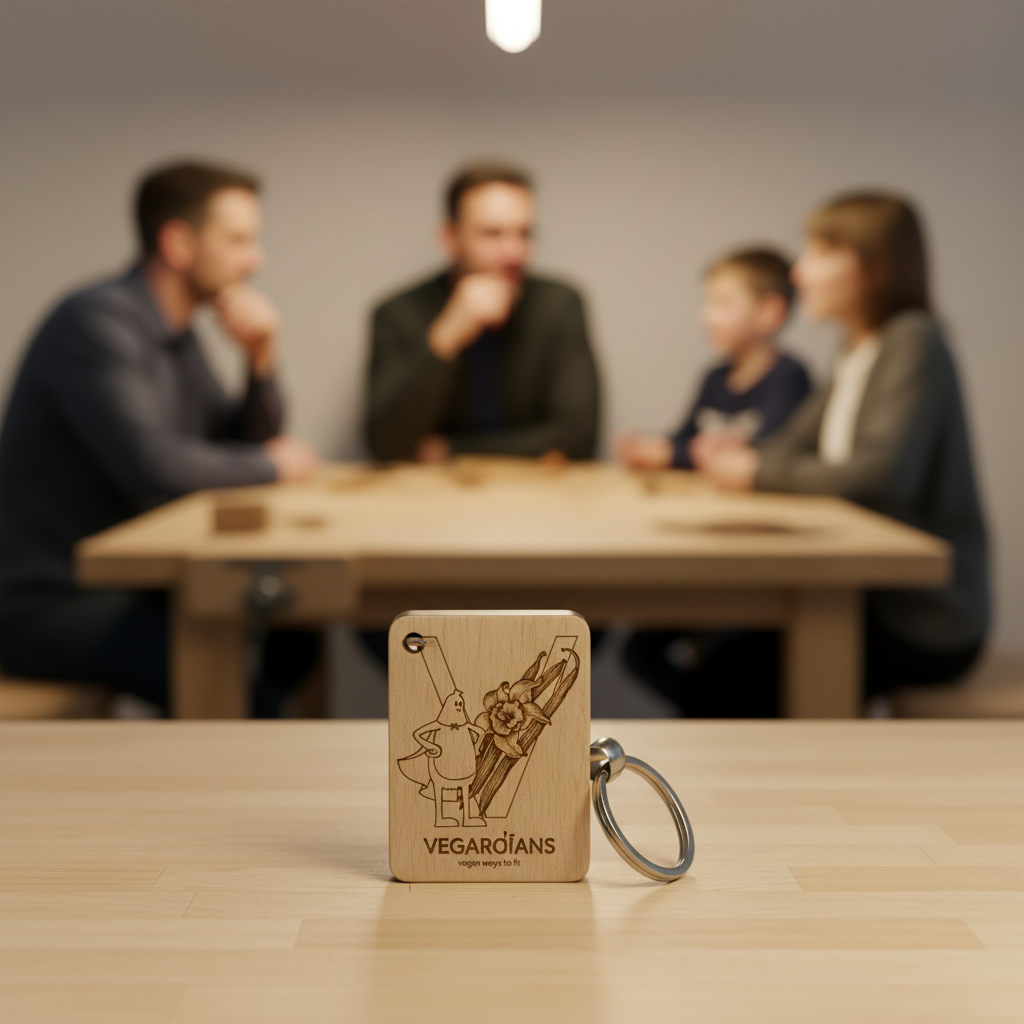 Nahaufnahme eines gravierten Schlüsselanhängers auf Holz in warmer Abend-Workshop-Atmosphäre mit unscharfen Personen im Hintergrund und dezenten Reflexionen in #0044CC und #ff9800, weihnachtsgeschenke ideen