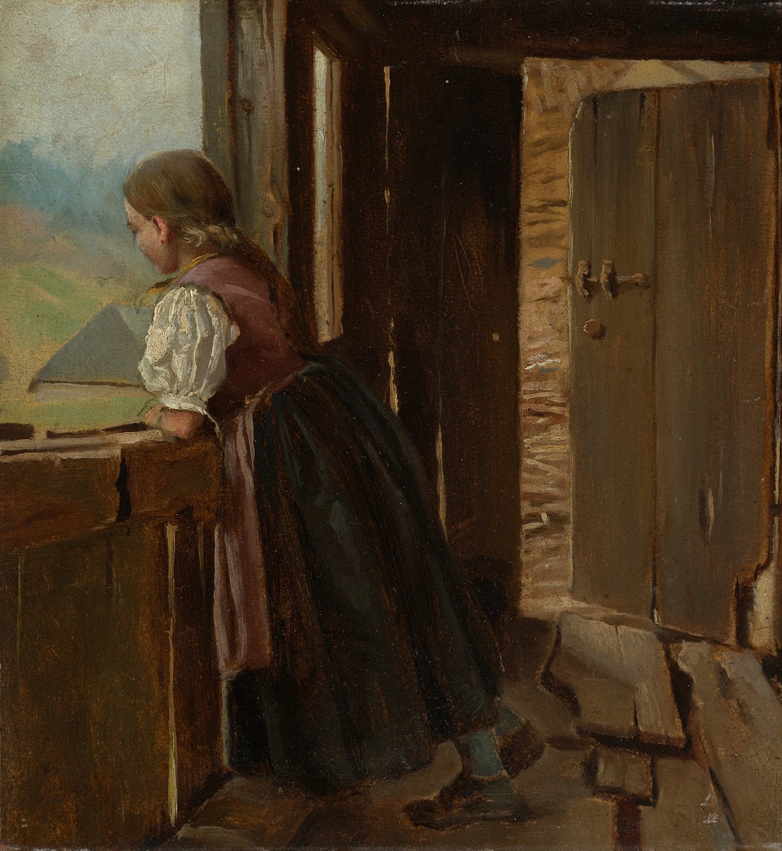 Mädchen auf der Laube eines Bauernhauses 1862