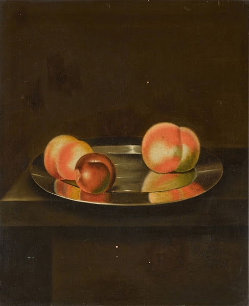 A still life with peaches and a plum on a pewter plate on a ledge 1779