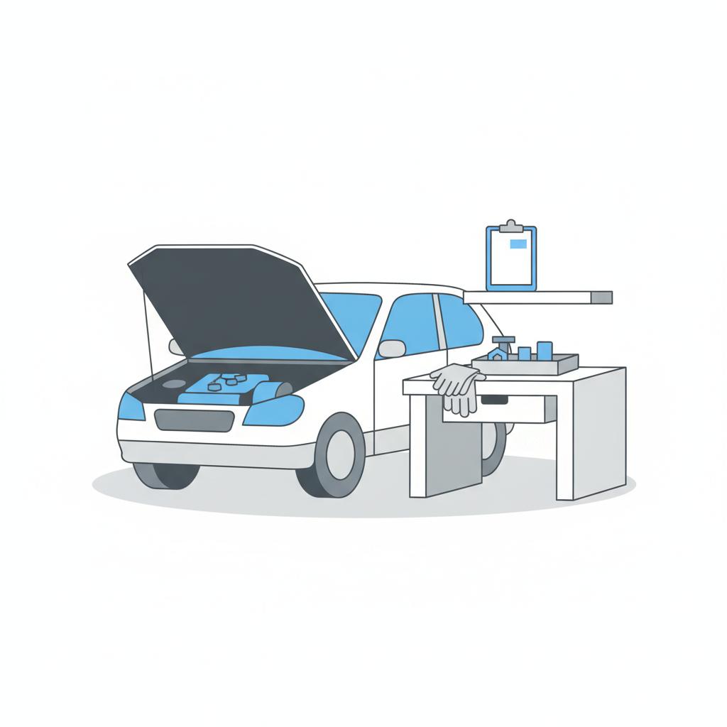 Minimalist vector of car inspection in a bright garage with tools gloves and a clipboard showing a small blue sticker hint buy a car now