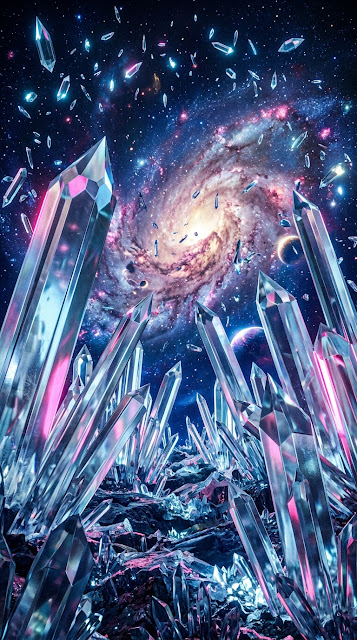 Futuristic Field of Colossal Transparent Crystals in a Cosmic Galaxy - Free mobile Wallpaper