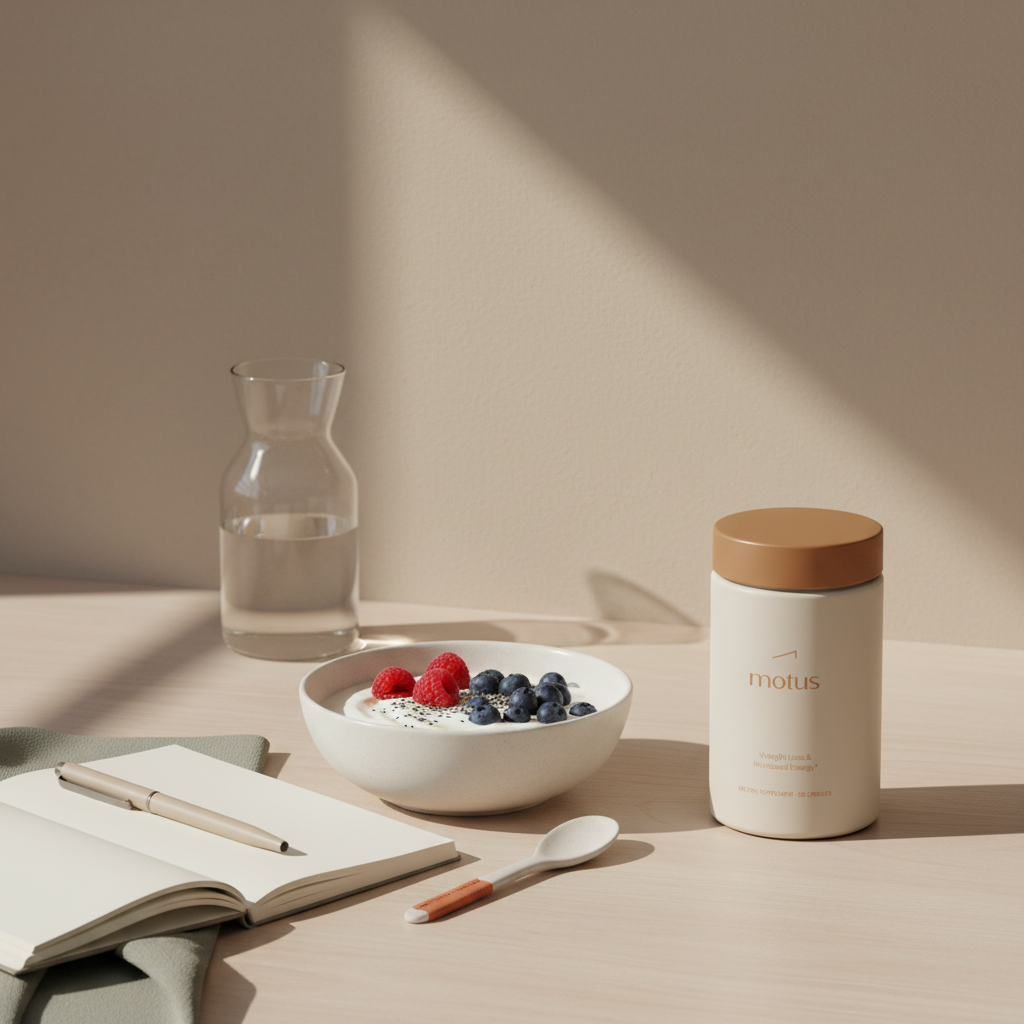 Minimal morning kitchen scene with Tonum Motus jar beside a protein breakfast bowl, notebook and water, conveying holistic wellness and practical daily weight management.