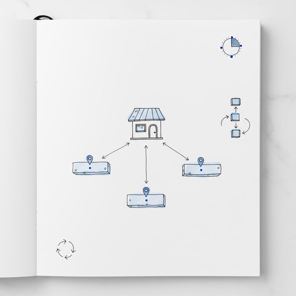 Top-down planner sketch showing a storefront linked by arrows to three nearby blocks with blue pins and minimal ink diagrams on white background &mdash; Nextdoor for small businesses