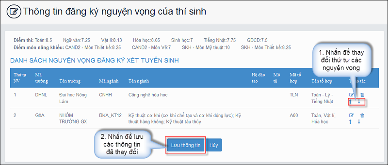 Thí sinh có thể thay đổi thứ tự nguyện vọng đã đăng ký