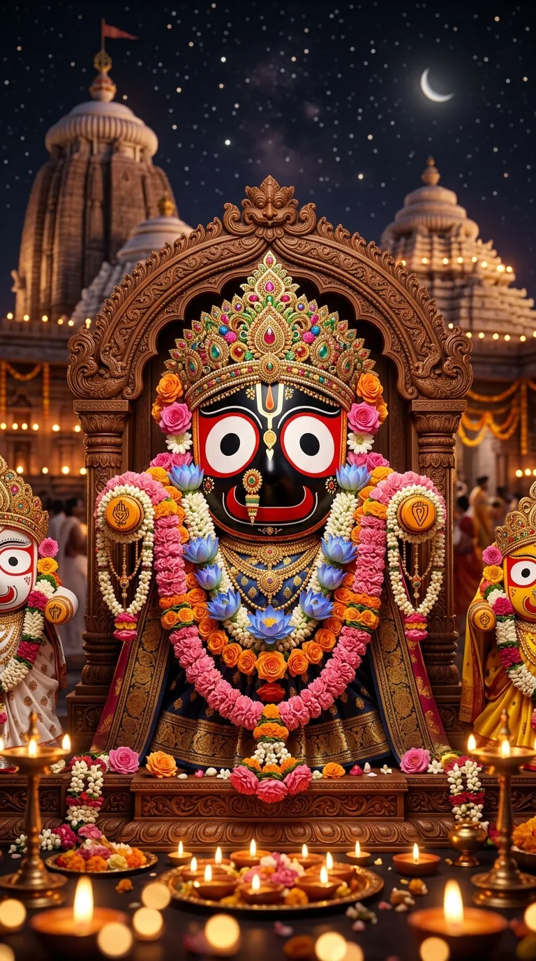 Ornate Digital Render of Lord Jagannath Deity with Floral Decorations - Free 4K mobile Wallpaper