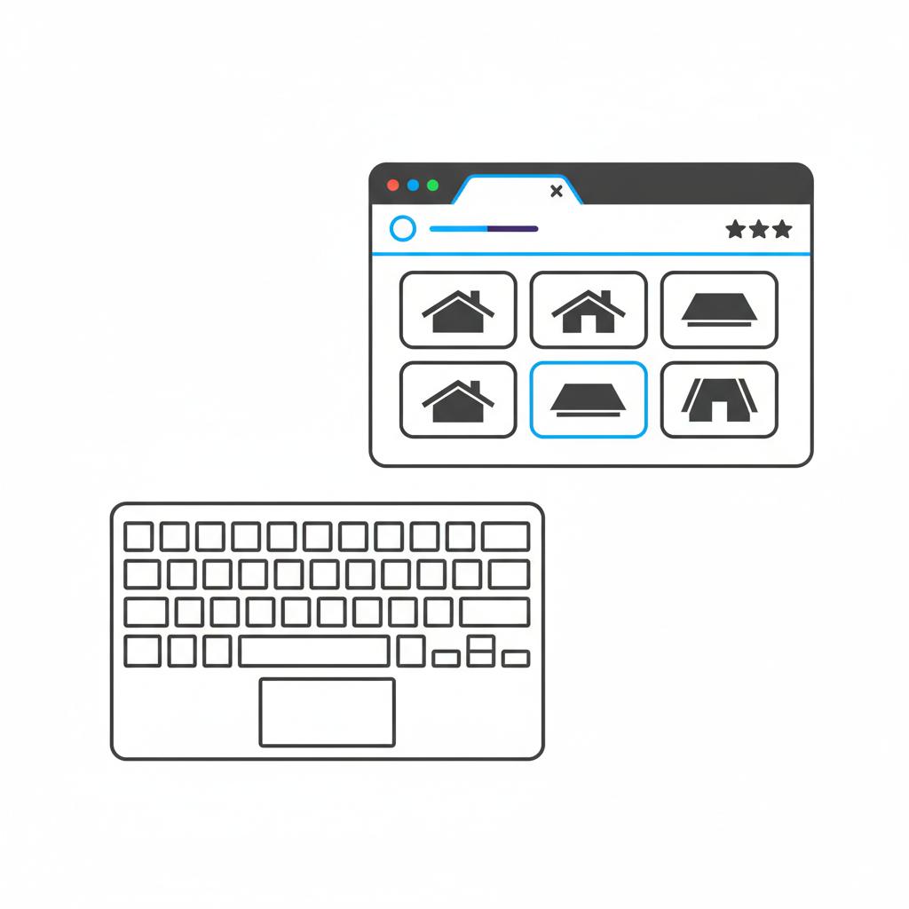 Minimal 2D vector mock of a laptop and browser showcasing a roofing portfolio grid and star review icons, illustrating how much does a roofing website cost