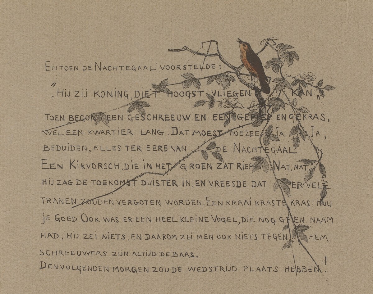 Tekstblad met nachtegaal op een tak 1892