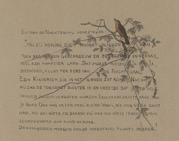 Tekstblad met nachtegaal op een tak 1892