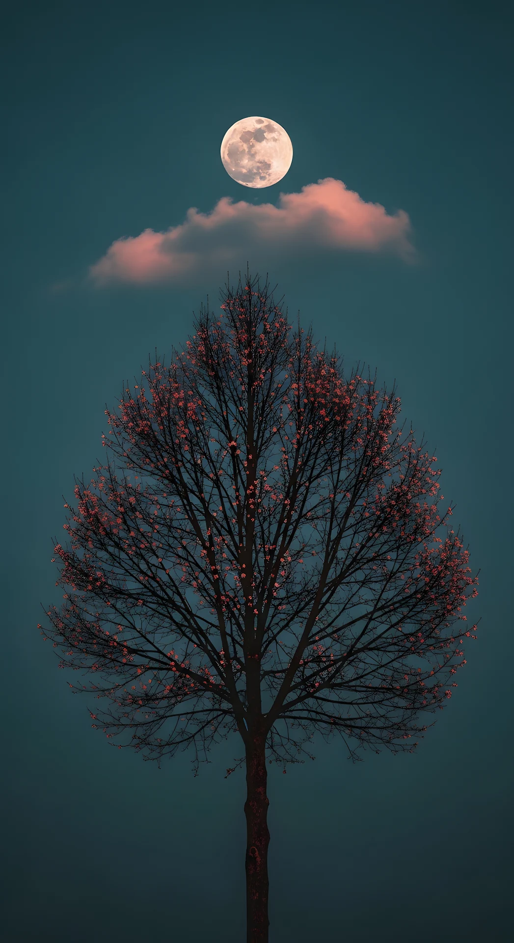 Moody High-Contrast Photograph of a Full Moon Over a Silhouetted Tree with Tiny Blooms - Free 4K mobile Wallpaper