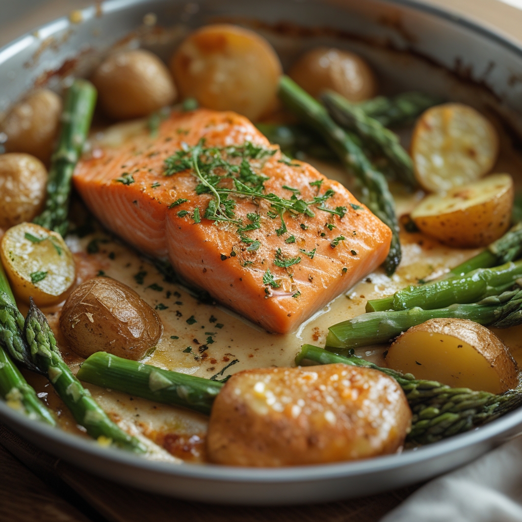 Quick & Delicious! Salmon, Crispy Potatoes & Cheesy Asparagus Recipe for Easy Weeknights