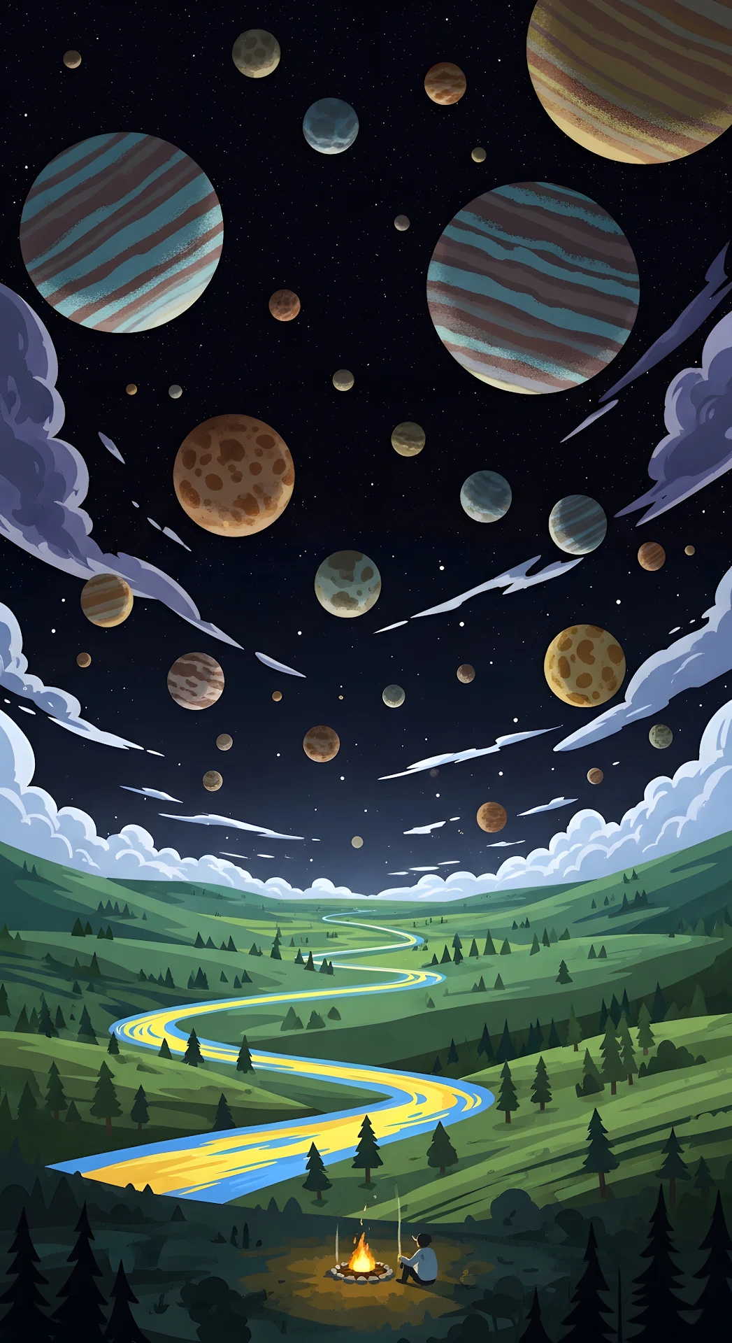 Stylized Illustration of Colorful Planets Floating Over a Vast Mountain Valley Landscape - Free 4K mobile Wallpaper