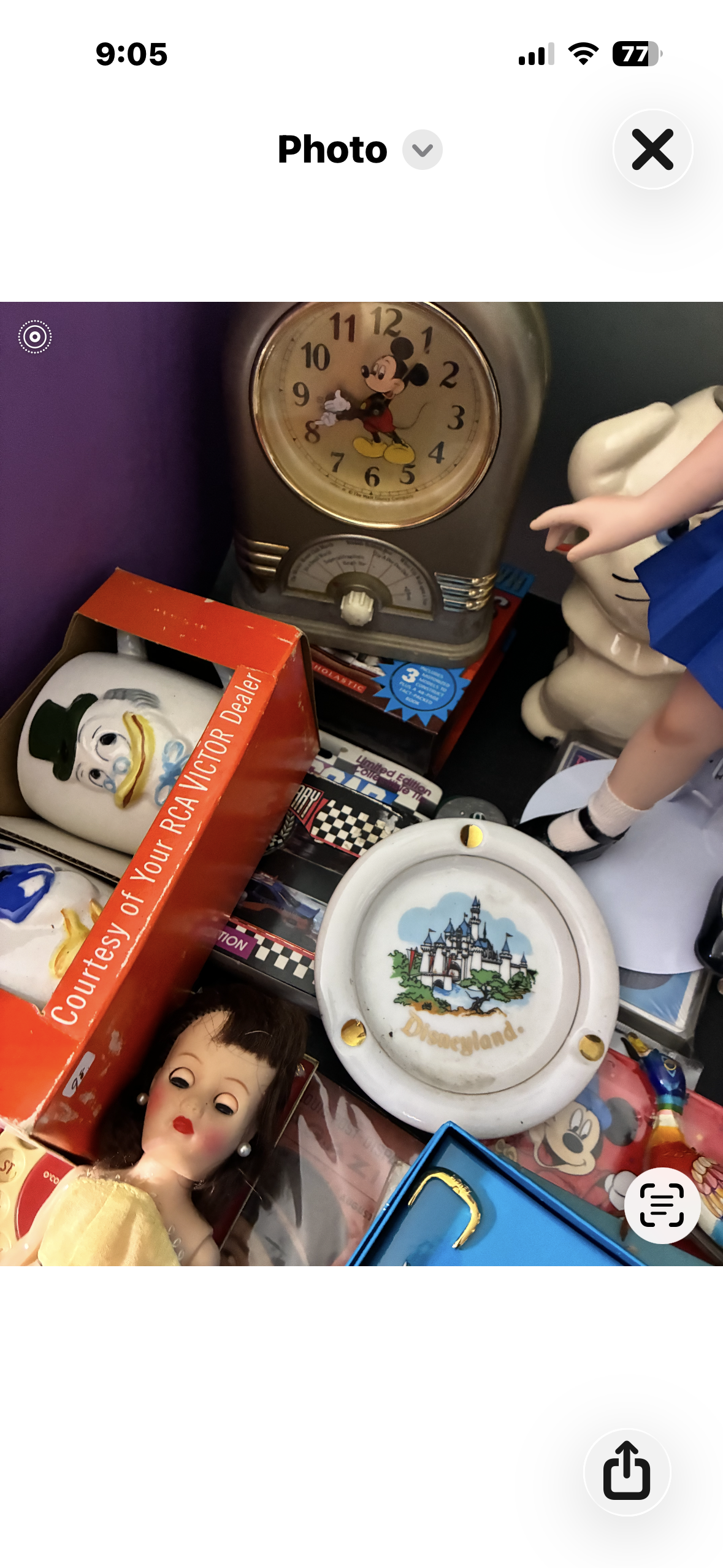 White ceramic Disneyland souvenir dish with gold-leaf accents and Sleeping Beauty Castle graphic, 1960s–1970s, showing staining in basin from age and use