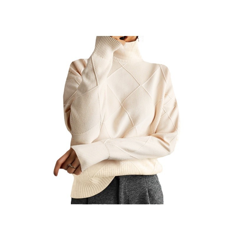 Women's knitted sweater with high collar, solid color