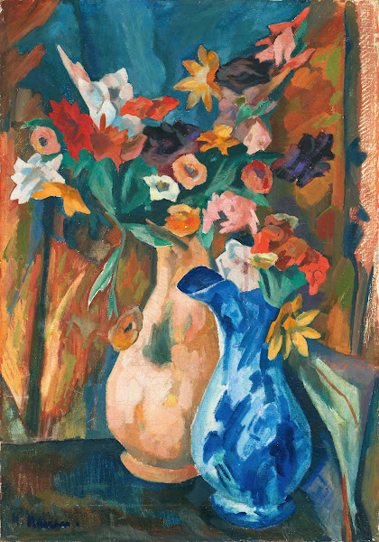Gladiolen und Dahlien in zwei Vasen 1914