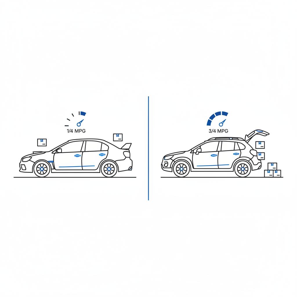 Minimalist 2D vector side by side comparison of a Subaru WRX inspired sedan and a compact crossover with fuel gauge and cargo box icons indicating mpg and cargo differences subaru wrx for sale