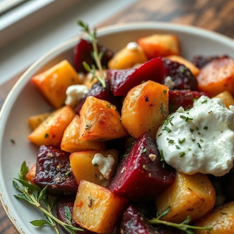 Roasted Beet and Sweet Potato Salad with Creamy Ricotta - Easy Homemade & Flavorful