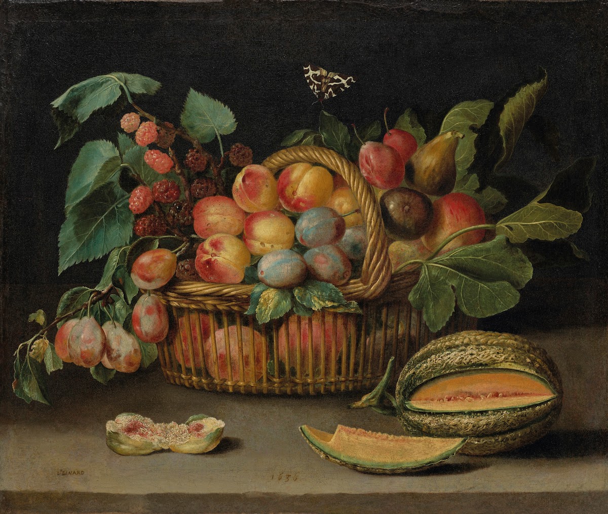 Still Life With Fruit In A Wicker Basket With A Cut Melon 1636