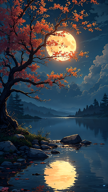Autumn Moon Glow Over Tranquil Lake and Maple Tree - Free mobile Wallpaper