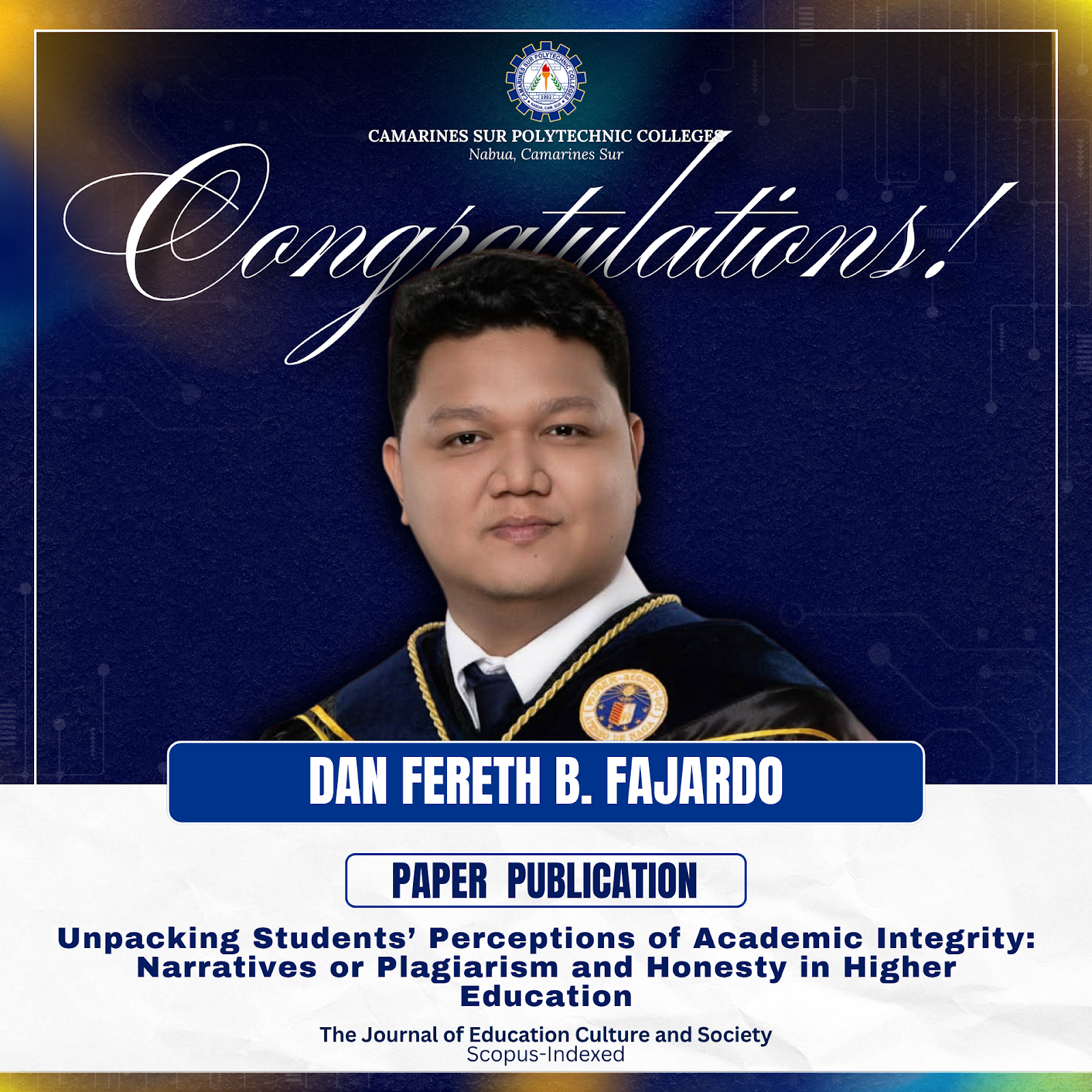 𝐂𝐒𝐏𝐂’𝐬 𝐃𝐫. 𝐅𝐚𝐣𝐚𝐫𝐝𝐨 𝐏𝐮𝐛𝐥𝐢𝐬𝐡𝐞𝐬 𝐒𝐭𝐮𝐝𝐲 𝐨𝐧 𝐒𝐭𝐮𝐝𝐞𝐧𝐭 𝐀𝐜𝐚𝐝𝐞𝐦𝐢𝐜 𝐈𝐧𝐭𝐞𝐠𝐫𝐢𝐭𝐲 𝐢𝐧 𝐒𝐜𝐨𝐩𝐮𝐬-𝐈𝐧𝐝𝐞𝐱𝐞𝐝 𝐉𝐨𝐮𝐫𝐧𝐚𝐥