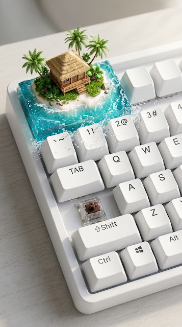 Escape Key on Keyboard Transformed into a Tropical Beach Island - Free mobile Wallpaper
