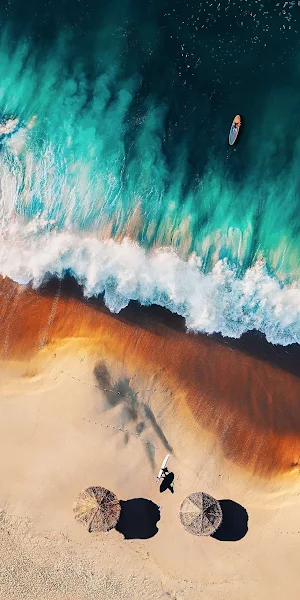 Seascape, Beach, Surfer, Umbrellas Full HD iPhone Wallpaper Background