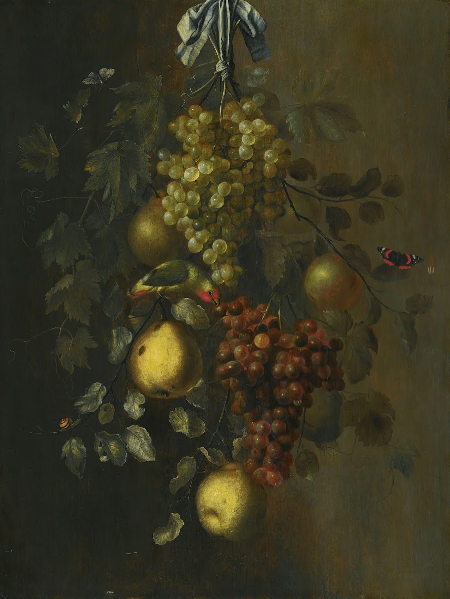 A Festoon Of Grapes Apples And Pears Hanging From A Nail With Snails Butterflies