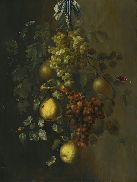 A Festoon Of Grapes Apples And Pears Hanging From A Nail With Snails Butterflies