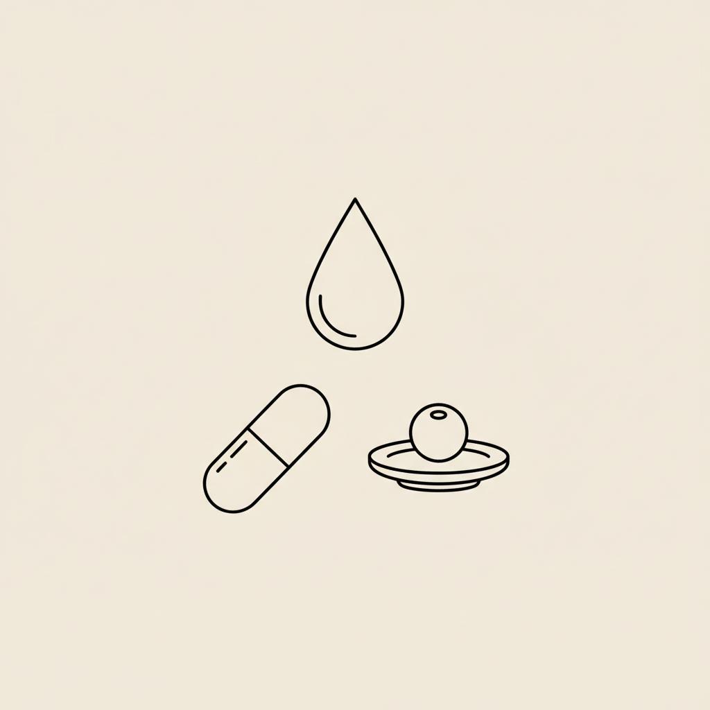 Minimal Tonum-style line illustration of a water droplet, capsule, and plate with a berry on beige background representing diuretics for weight loss