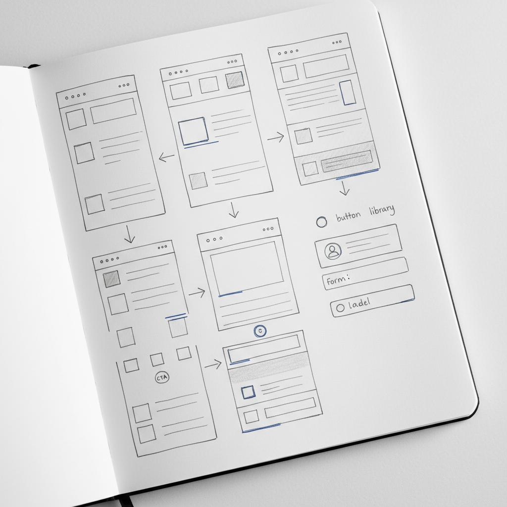 Close-up sketchbook with mobile-first wireframe sketches, annotated arrows and a component library (buttons, cards, fields) &mdash; steps to design a website
