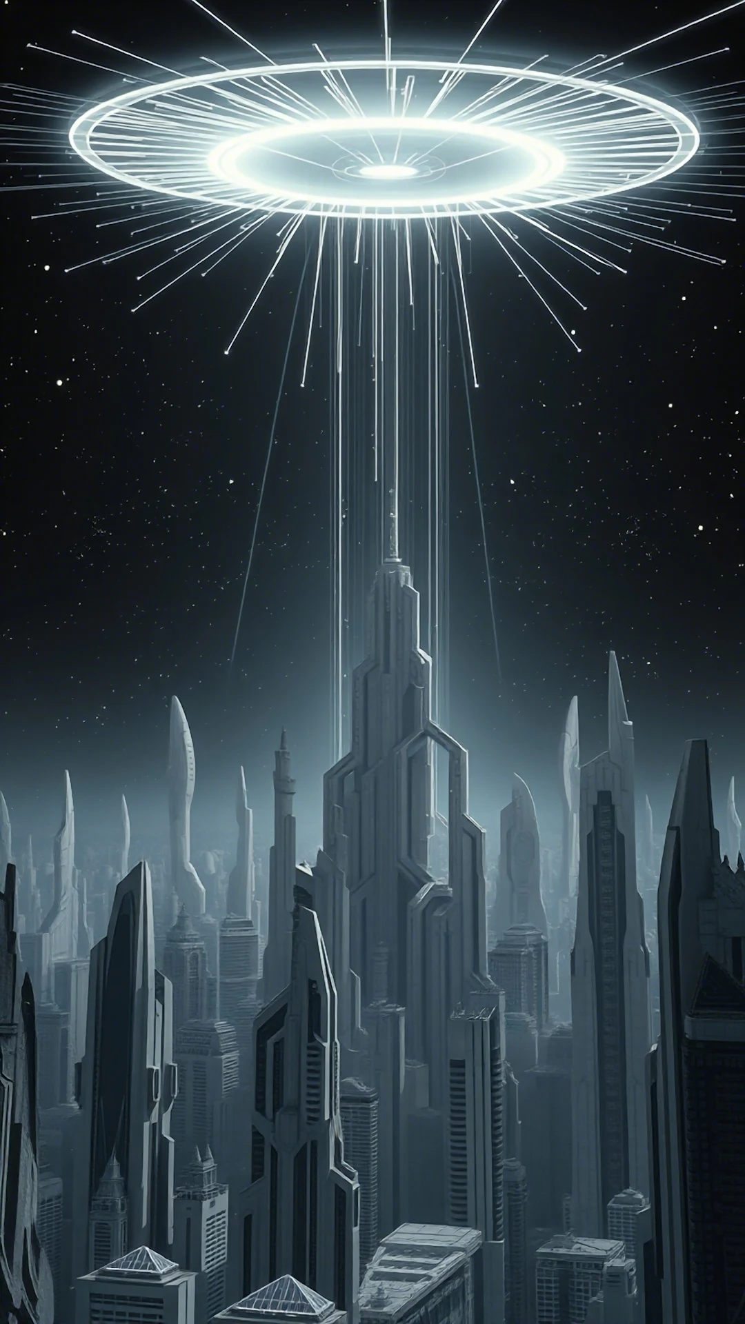 Futuristic Metropolis Cityscape Under Alien Light Beam - Free 4K mobile Wallpaper