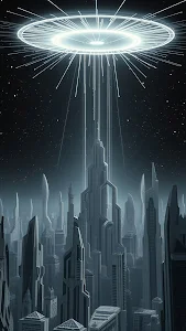 Futuristic Metropolis Cityscape Under Alien Light Beam