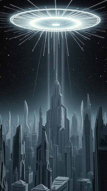 Futuristic Metropolis Cityscape Under Alien Light Beam - Free mobile Wallpaper