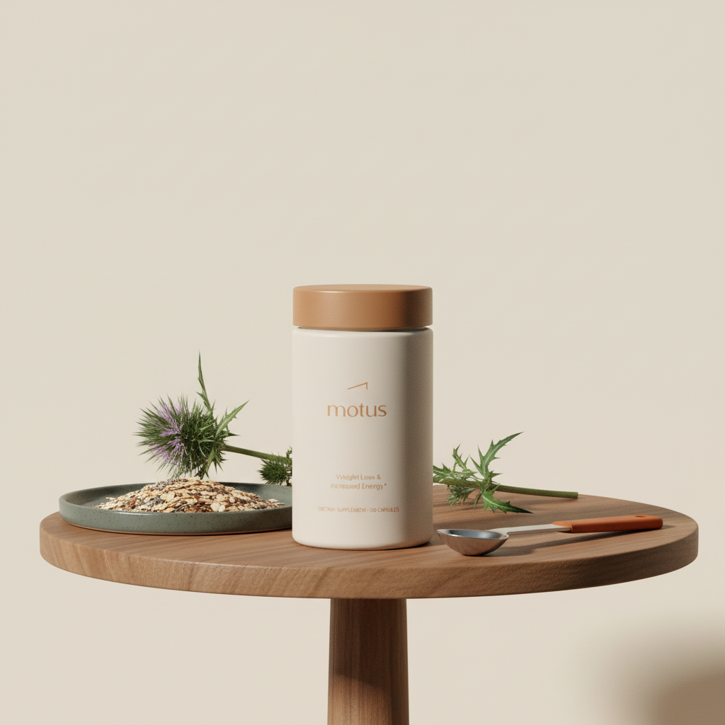 Motus supplement jar on wooden table with measuring spoon, whole grains and milk thistle on a soft beige background — do fat burning pills work