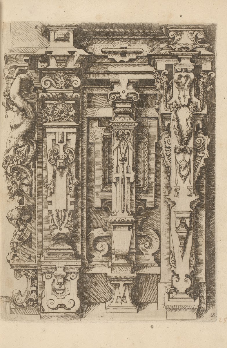 Four Ionic pilasters decorated with scrollwork foliage mascarons and a caryatid