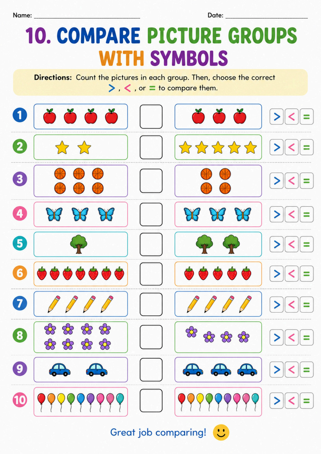 Compare Picture Groups with Symbols Worksheet