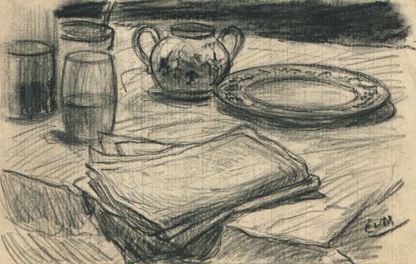 Een bord een glas een suikerpot en een serviette op een tafel
